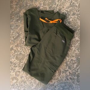 Figs Olive Green Scrub Set with Orange Drawstring (Catarina top, Yola bottoms)